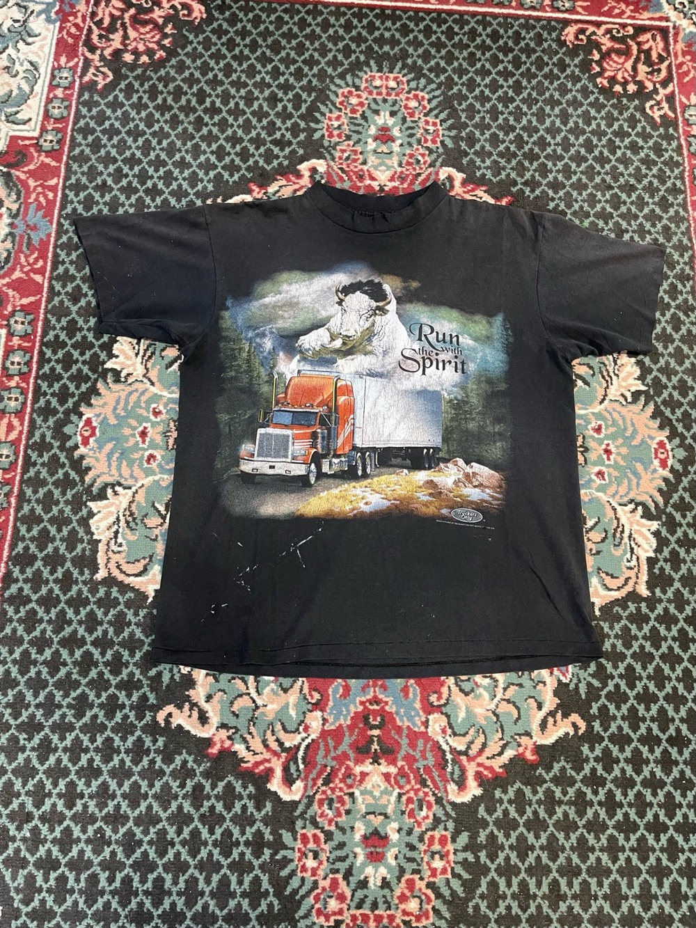 Vintage 1990s 3D Emblem Black Graphic Tee with Truck and Eagle 'Run Free Spirit'